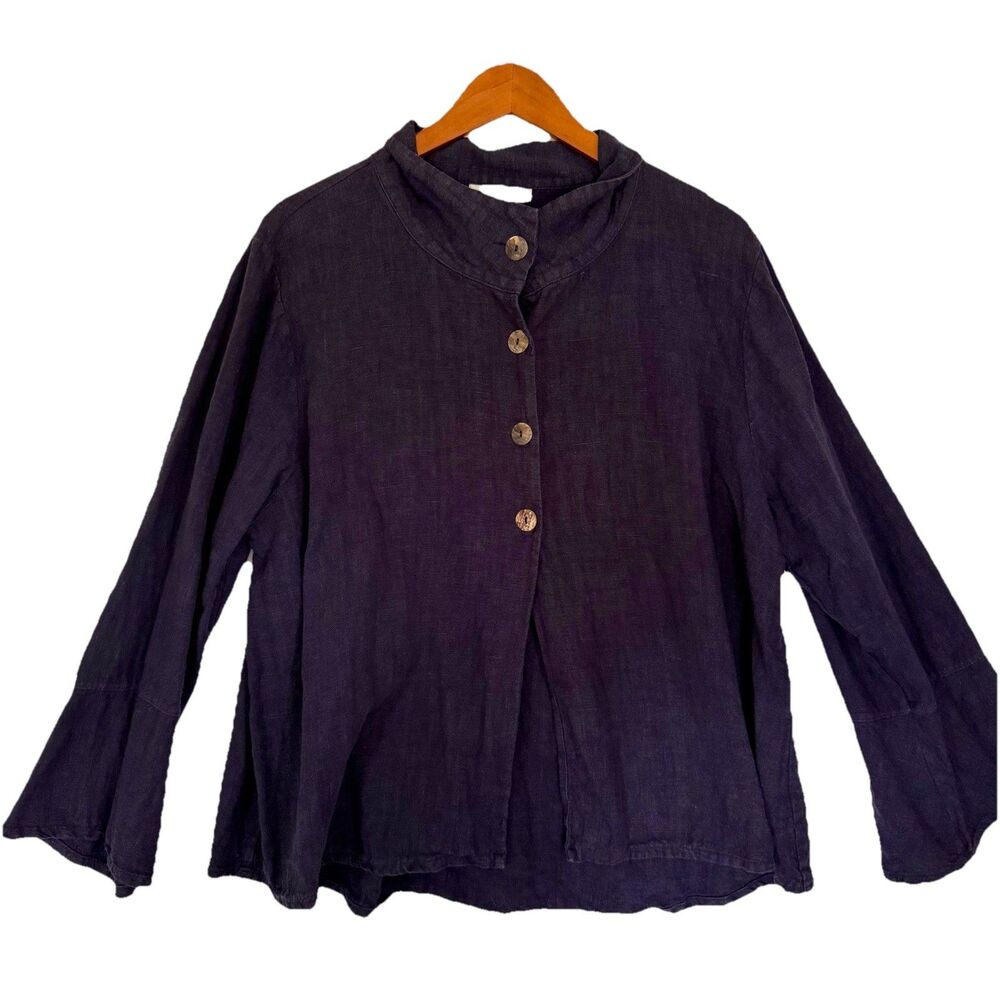 Bryn Walker 100% Linen Button Front Shirt Jacket Navy Flared Sleeves Small USA